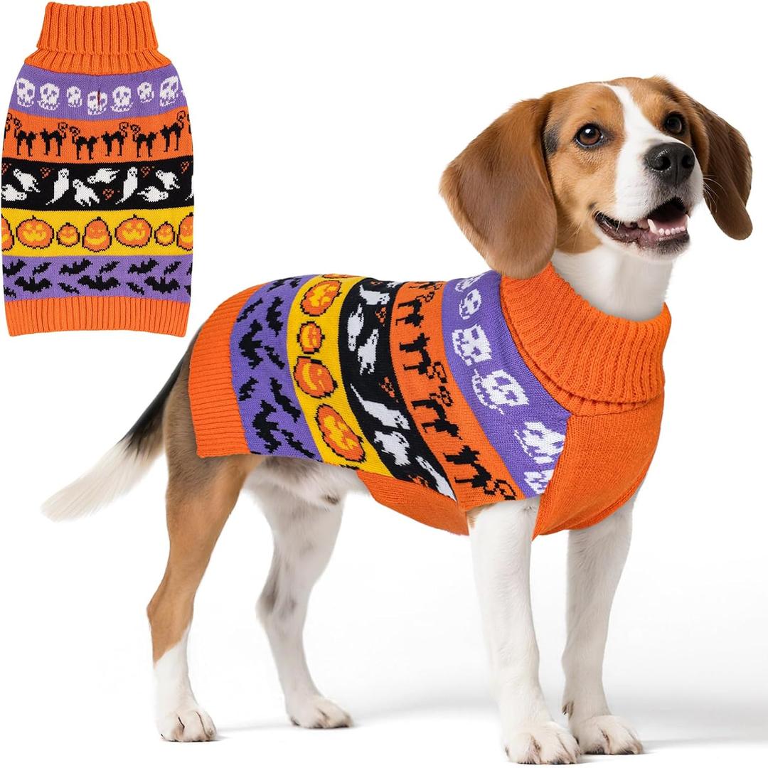 KYEESE Halloween Dog Sweater for Medium Sized Dogs Cute Pumpkin and Ghost Pattern Knitwear with Leash Hole Extra Warm and Soft Turtleneck Dog Apparel Cozy Holiday Pet Sweater, XX-Large