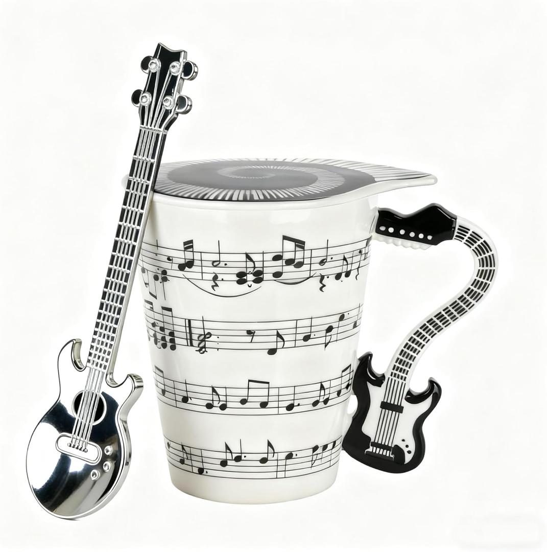 Guitar Novelty Mug Unique Musical Gift Ceramic Tea Coffee Cup with Cool Music Themed Lid and Spoon,Gifts for Guitar Players,Birthday Holiday Gift for Musician,Women,Men,Teacher,Black