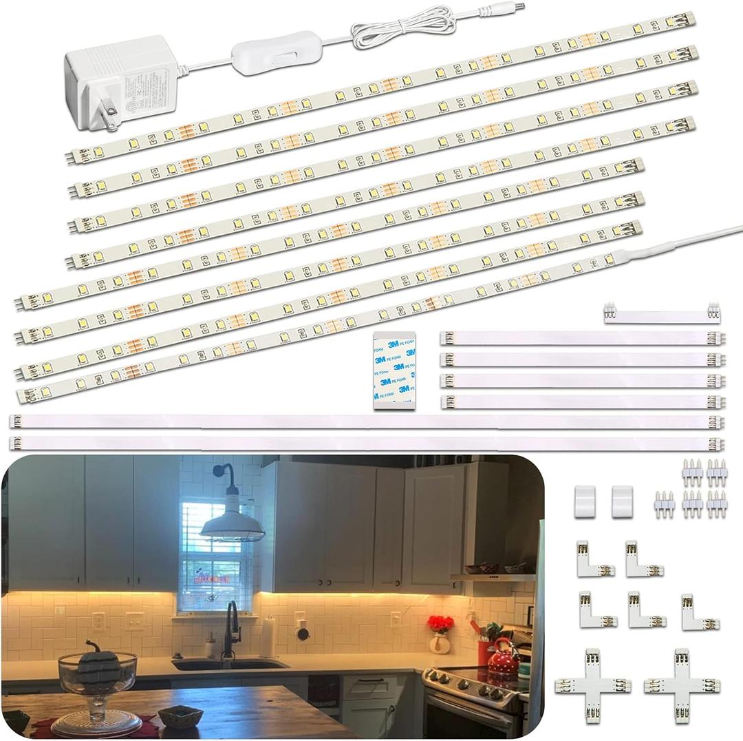 WOBANE Under Cabinet Lighting Kit,8PCS 12 inch Led Light Bars,Under Counter Lights for Kitchen,Cupboard,Desk,Bookcase,Shelf,Showcase Display,DIY Tape Light,Variety Connectors,1200lm,2700K WarmWhite