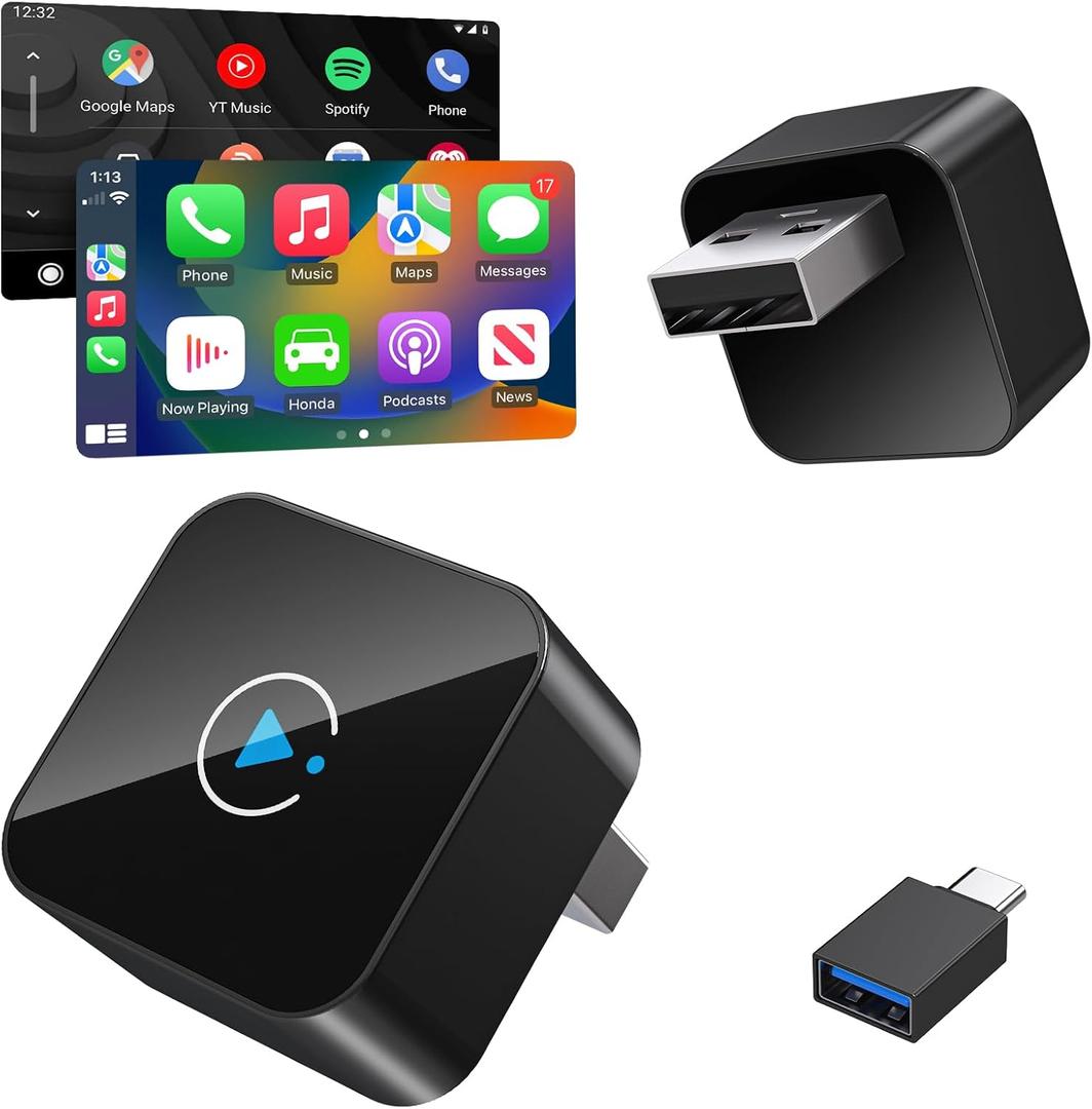 Wireless CarPlay Adapter 2 in 1 2026 Upgraded for Factory Wired CarPlay, Car Play/Android Auto, Auto-Reconnect Wired to Wireless Dongle No-Lag, Plug-and-Play, 5GHz WiFi, Bluetooth 5.3 USB-A & USB-C