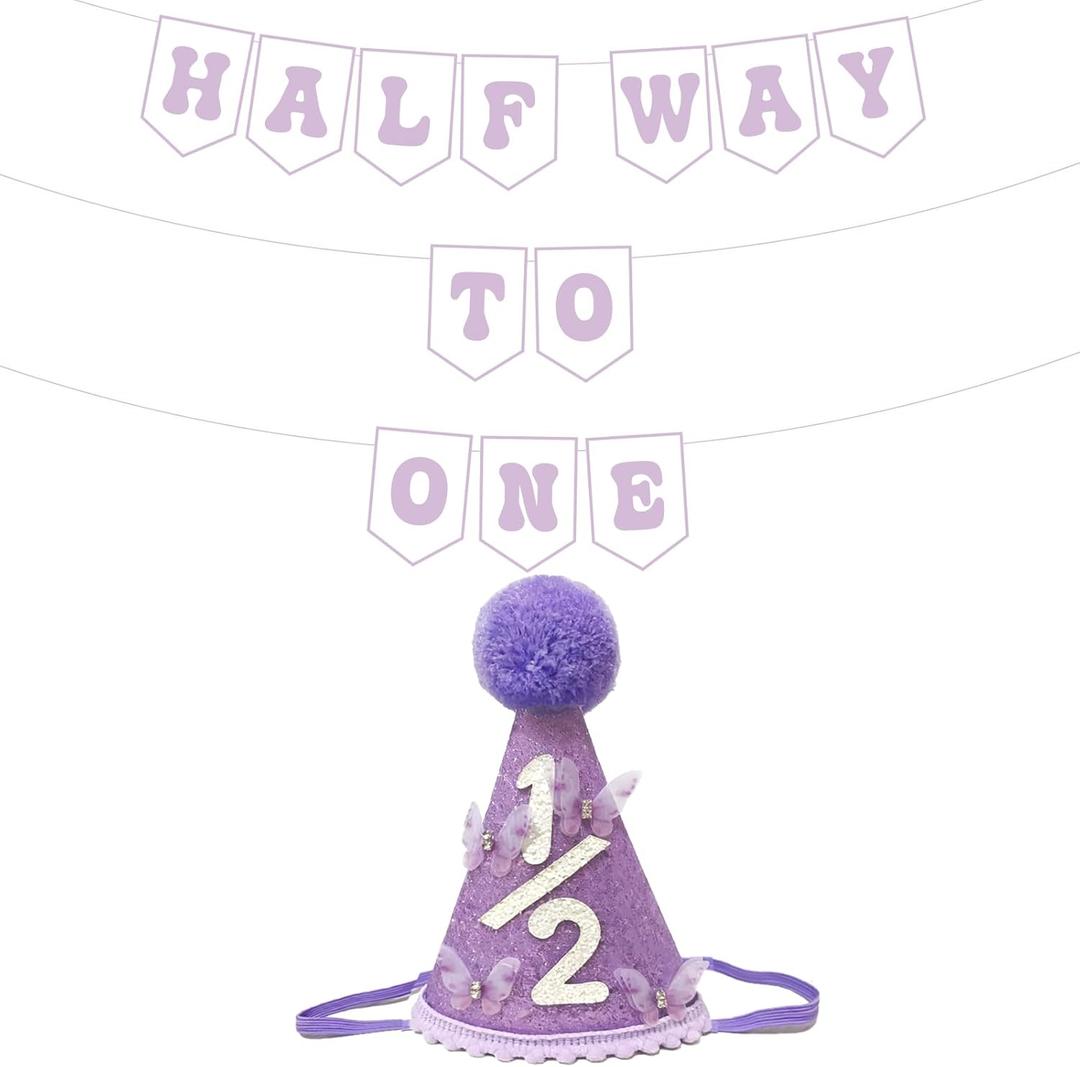 6 Months Birthday Decorations For Girl, Purple 1/2 Birthday Hat With 3d Butterfly And Half Way To One Banner For Half BD Party Decorations, 1/2 Birth bay Girl Photo Shoot