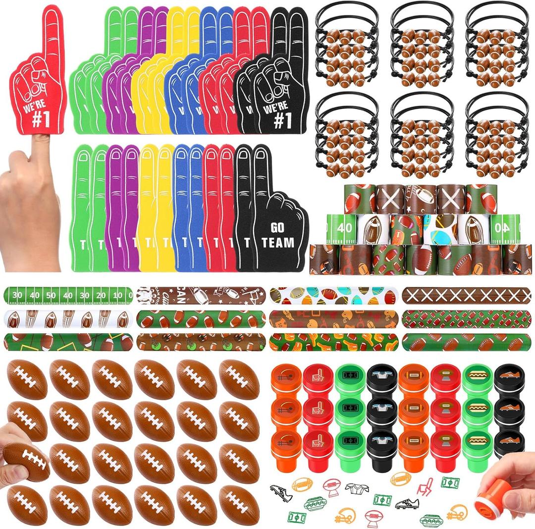 Aoriher 120 Pcs Football Sport Balls Party Favors Set Serve 24, Football Goodie Foam Finger Mini Stress Ball Slap Bracelet Charm Bracelet Stamp for Kids Party Supplies