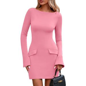 PRETTYGARDEN Womens Fall Long Sleeve Mini Dress 2025 Trendy Boat Neck Bodycon Knit Elegant Short Party Formal Dresses (Pink, M)