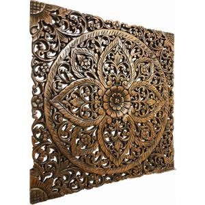 Floral Wood Carved Wall Art Panel. Decorative Bali Asian Home Decor Headboard (24"x24", Brown)