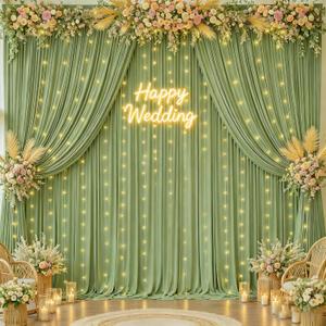 20x10FT Sage Green Backdrop Curtains with Lights for Parties,Wrinkle Free Wedding Photo Backdrop Curtains for Baby Shower Birthday Ceremony Reception Home Party Decorations-5ft x 10ft,4 Panels