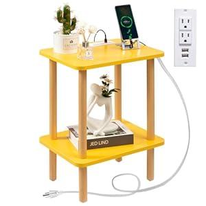 FORAOFUR Side Table, End Table with Charging Station, Small Bedside Table Small Side Table for Small Spaces, Minimalist Small End Table Living Room, Bedroom & Office with Two-Tier Open Storage