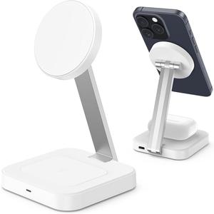 Wireless Charging Station for Magsafe Charger,Portable Wireless Charger for iPhone 16 15 14 13 12 Pro Max/AirPods Pro 4 3 2,Faster Magnetic Charger Stand,Foldable Travel Phone Holder Adjustable Angle (White)