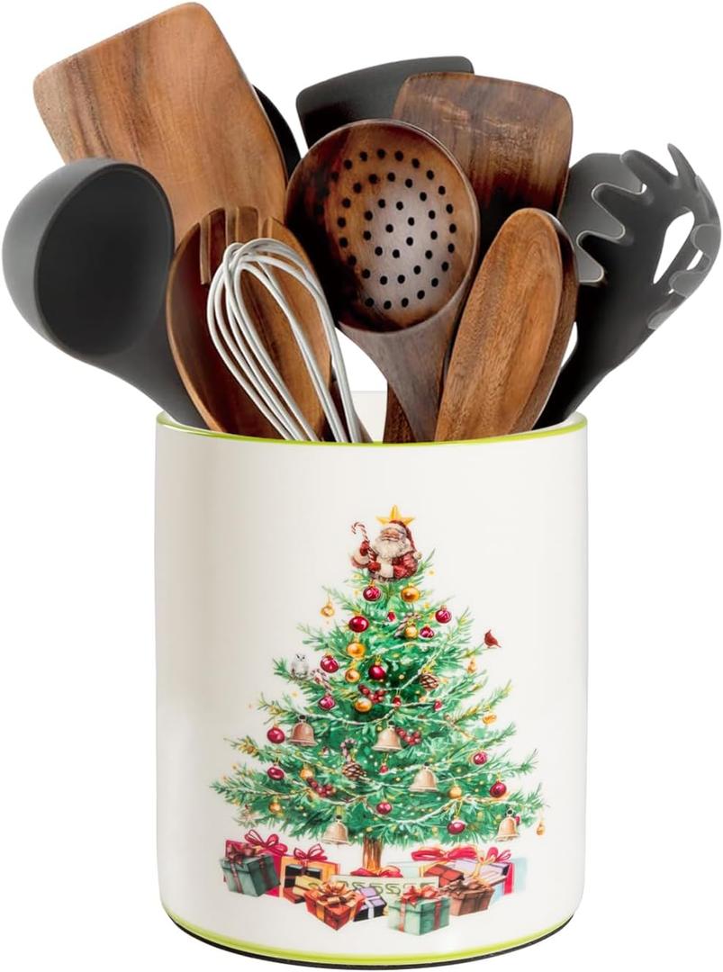 Christmas Utensil Holder, Christmas Tree Utensils Holder for Christmas Kitchen Decor, Xmas Cute Ceramic Utensils Crock for Rustic Farmhouse Indoor Kitchen Decorations