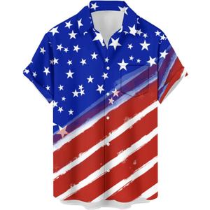 Mens Bowling Shirts, 1950s Hawaiian Vintage Button Down Short Sleeve Shirts Summer Casual Holiday Beach Shirts (Medium, Blue Red American Flag)