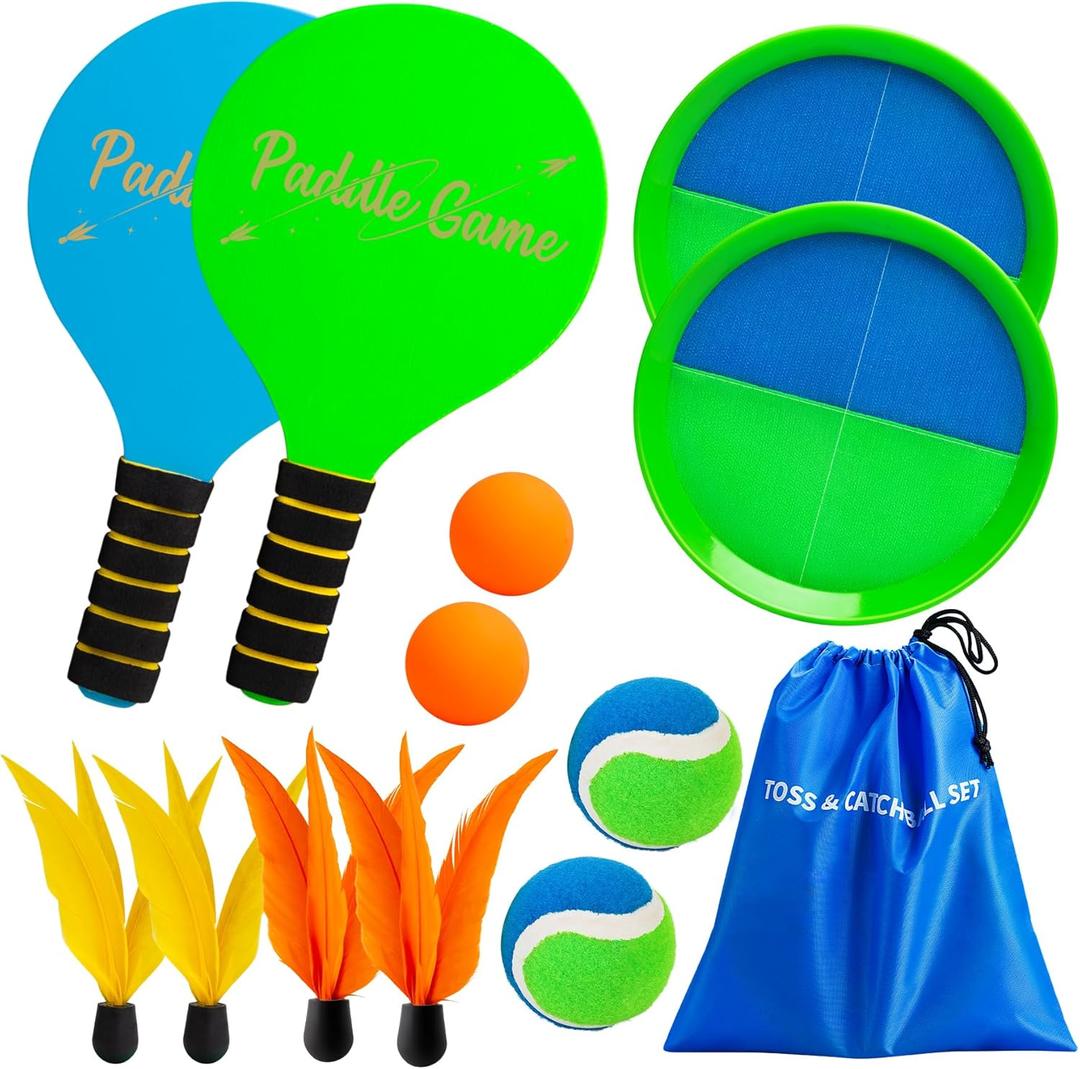 TEILLNET 2-in-1 Beach Paddle Ball and Toss Catch Ball Game Set, Summer Outdoor Toys for Kids Adults, Family Yard Lawn Beach Pool Park Games, Outside Sports Gifts for Boys Girls 3 4 5 6 7 8 9 10 11 12