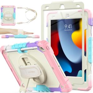 SEYMAC stock Case for iPad 9th/ 8th/ 7th Generation 10.2'', Shockproof with Screen Protector, Pencil Holder [360 Rotating Hand Strap] & Stand, for iPad 10.2 inch 2021-2019 (Yellowish+Pink)