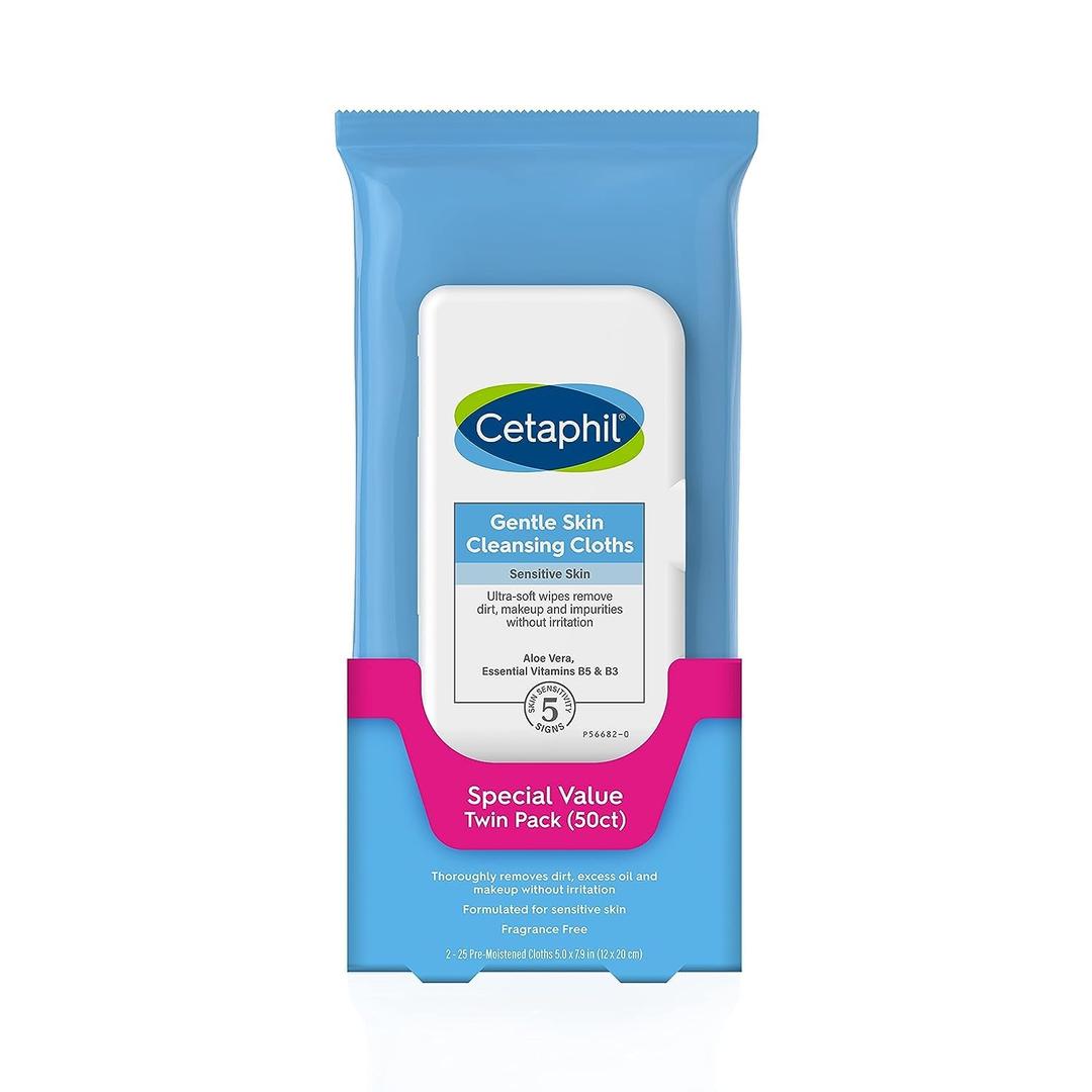 Cetaphil Face and Body Wipes, Gentle Skin Cleansing Cloths, 50 Count, Twin Pack, for Dry, Sensitive Skin, Flip Top Closure, Great for the Gym, Travel, in the Car, Hypoallergenic, Fragrance Free (25 Count (Pack of 2))