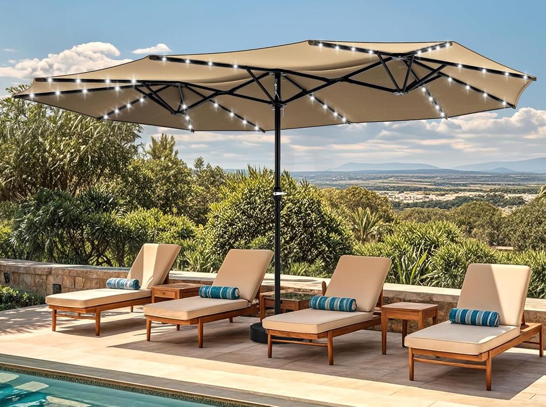 DWVO 15ft Patio Umbrella w/Solar Lights Double-Sided Outdoor Extra LargeMarket Table Umbrella 48 LED Light for Pool, Patio Furniture, Patio Shade, Khaki Not Base Included