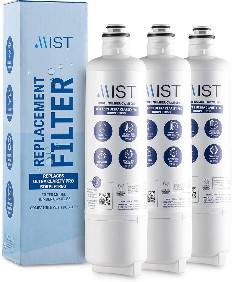 Mist Ultra Clarity Pro Water Filter Replacement compatible with Bosch BORPLFTR50, Refrigerator Water Filter compatible with BORPLFTR55, 12033030, 11032531, WFS200MF, RA450022, REPLFLTR55 (3 pack)