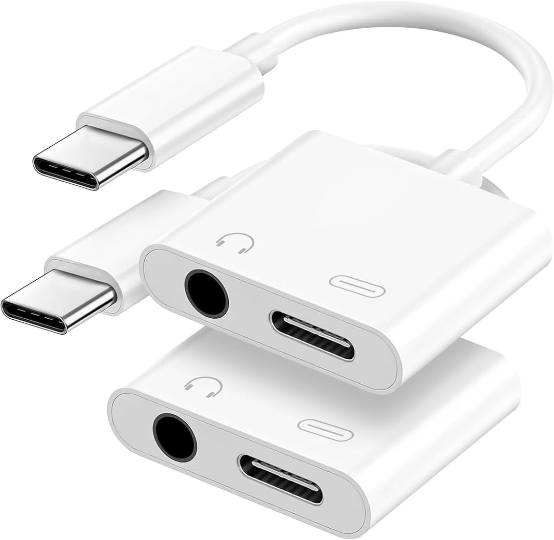 USB C to 3.5mm Headphone and Charger Adapter, 2-Pack Type C to Aux Jack Dongle Cable Cord with PD Fast Charging for iPhone 15/16/17 Pro/Max/Plus, iPad, Samsung Galaxy S22/S23/S24 Ultra, Note 20 (White)
