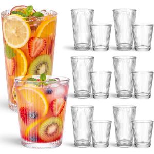 12 Pack Ribbed Drinking Glasses Set 9oz 12oz Ribbed Glass Cups Vintage Fluted Glassware Clear Cocktail Cup Clear Ice Coffee Highball Ripple Drinkware for Home Bar Beverages