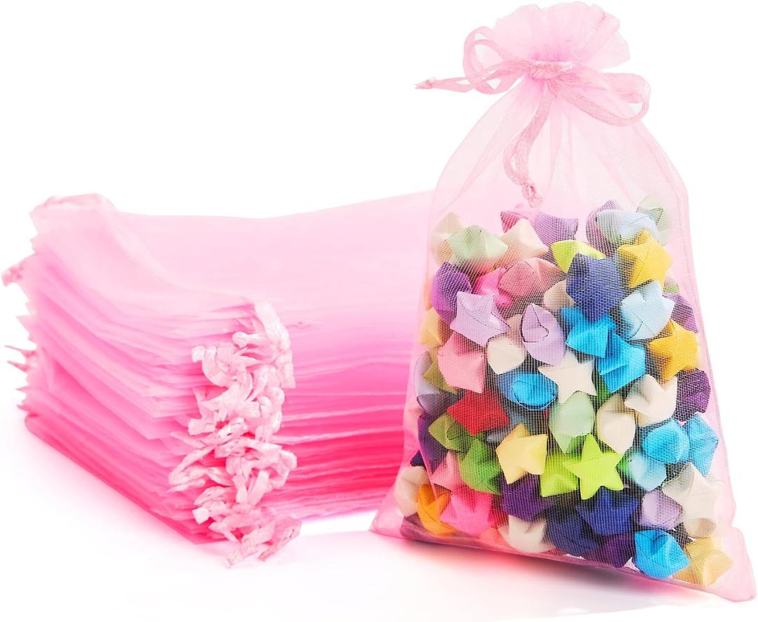 PACKINNO 100pcs Pink Organza Bags, Sheer Organza Bags 4x6 Inch, Small Mesh Bag, Drawstring Gift Bags for Jewelry, Party, Candy, Christmas, Festival, Bathroom Soaps, Makeup