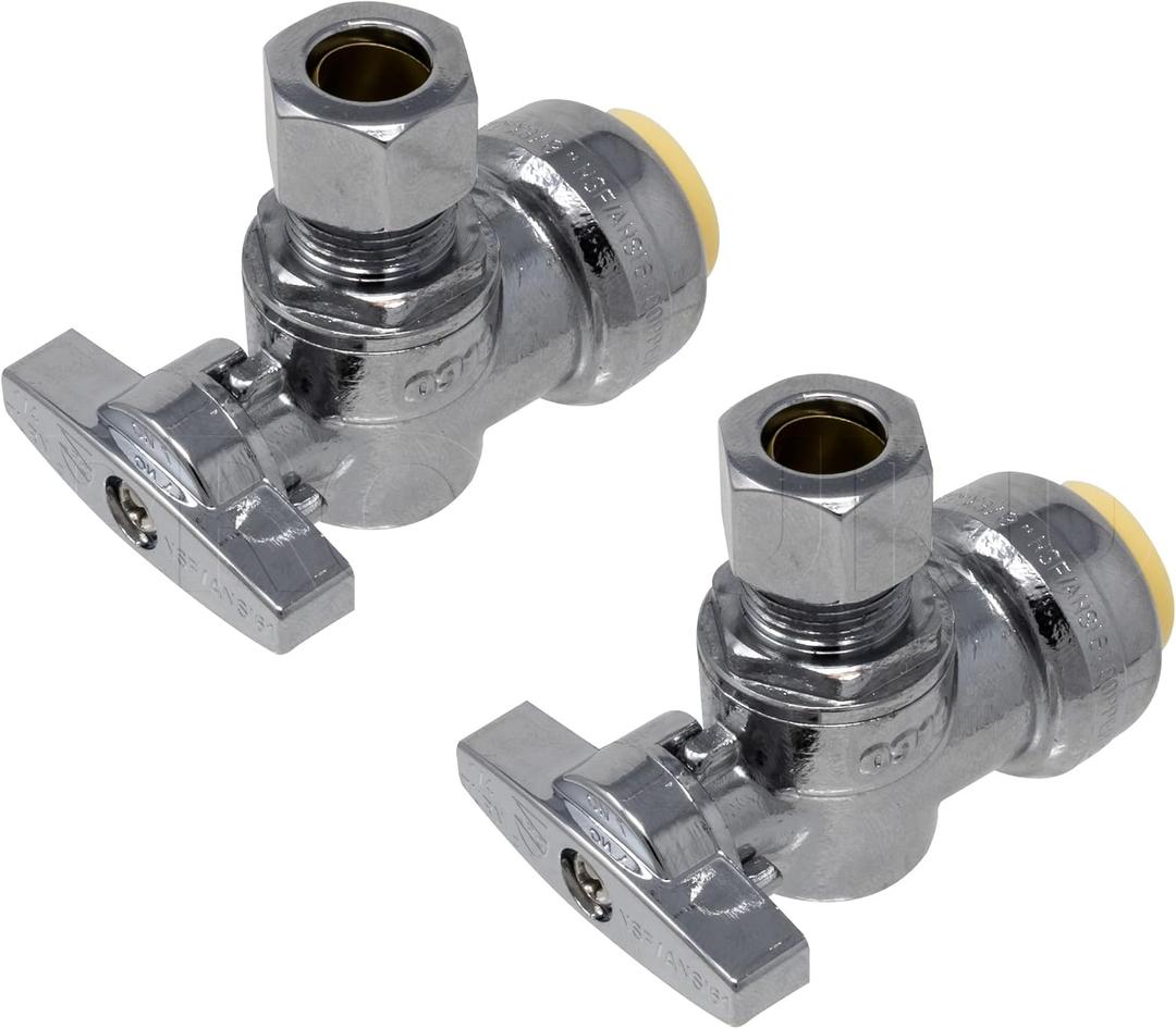 PROCURU 2-Pack PushFit Angle Stop Valve 1/2" Nom x 3/8" OD Comp, Quarter-Turn Push-to-Connect Brass Shutoff Valve for Copper, PEX, CPVC, PE-RT, HDPE Pipes (8X8012-2P)