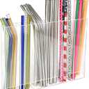 9.6 Large Acrylic Straw Holder for Cabinet Door - 6 compartments, easy to clean, Reusable Tumbler Straw Organizer Storage, Small Kitchen Accessories Container, Ultra Sticky Cupboard Door Mounted (Clear)