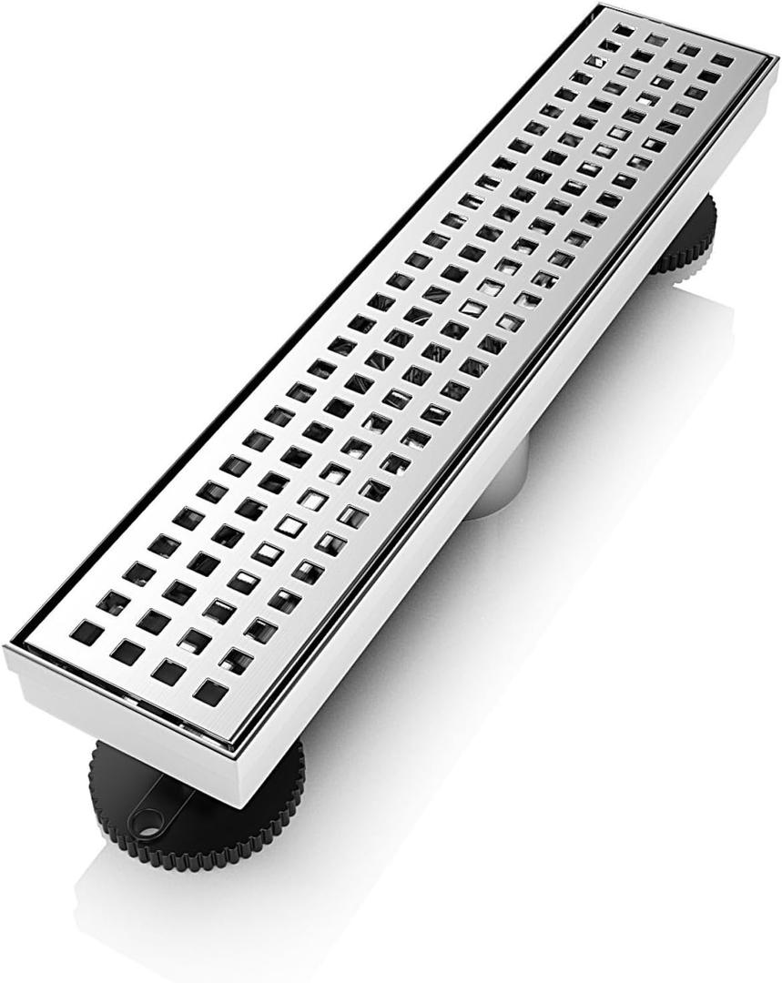 12 Inch Linear Shower Drain Rectangular Floor Drain with Accessories Square Hole Pattern Cover Grate Removable SUS304 Stainless Steel CUPC Certified Brushed