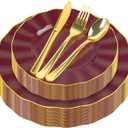 150Pcs Plastic Plates with Gold Rim,Heavy Duty Burgundy Plates for 30 Guests,Plastic Dinnerware Set Include 30 Dinner Plate,30 Dessert Plate,90 Gold Cutlery Set for Party (Burgundy)