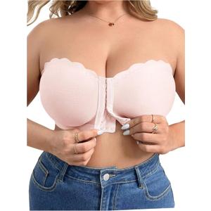 OYOANGLE Women's Plus Size Front Closure Push Up Strapless Bandeau Bra Wireless Tube Bralettes with Clear Strap (3X-Large Plus, Light Pink)