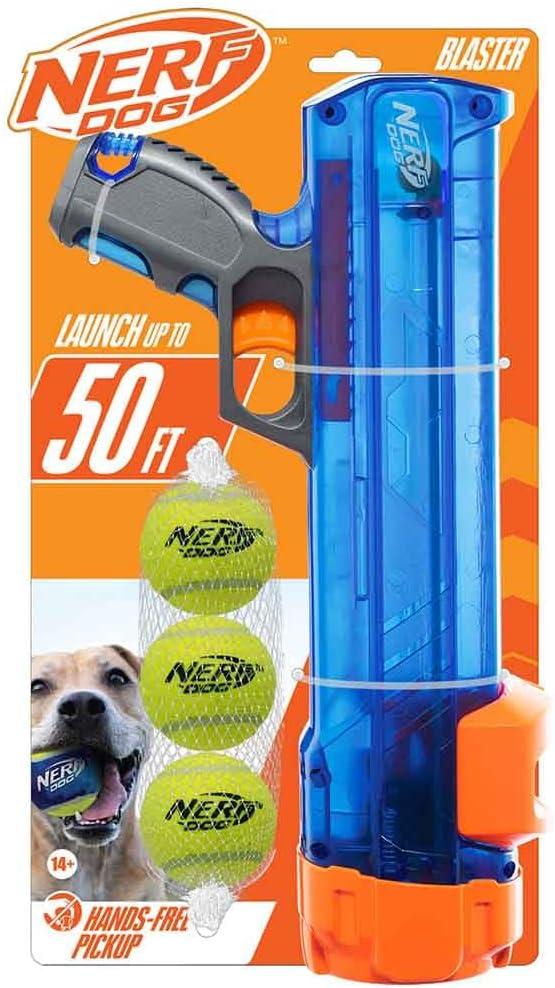 Nerf Dog Tennis Ball Blaster Dog Toy Gift Set, Tennis Ball Dog Fetch Toy Launches up to 50 ft, Dog Ball Thrower for All Breeds Includes Translucent Blue Tennis Ball Launcher and 3 Dog Tennis Balls (4 Piece Set)