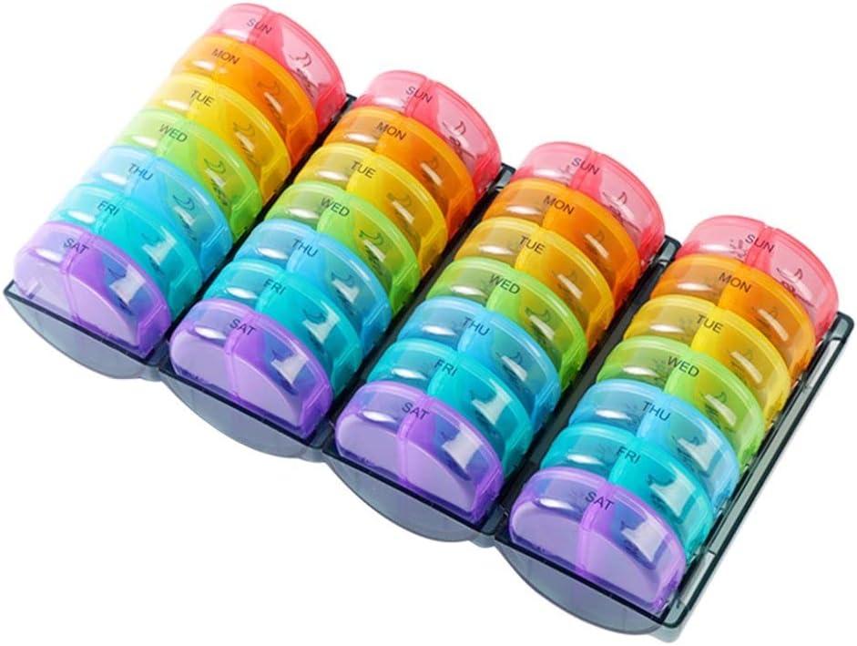 Colorful Weekly Pill Box, 28 x 2 Compartment Portable Pill Box with Holder, Pill Case, AM/PM/Daily/ 4 Weekly Large Capacity Pill Dispenser for Carrying Medicines, Vitamins and Fish Oil Supplements