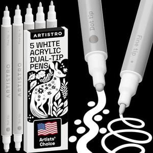 ARTISTRO 5 White Dual-Tip Acrylic Paint Pens - 5mm Dot + 1mm Fine Tips - Multisurface Markers for Fabric, Glass, & More