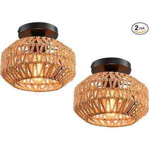 2 Pack Farmhouse Light Fixtures Ceiling Mount,Mini Rattan Boho Semi Flush Mount Ceiling Light,Hand Woven Hallway Light Fixtures for Bedroom Entryway Nursery Study Room