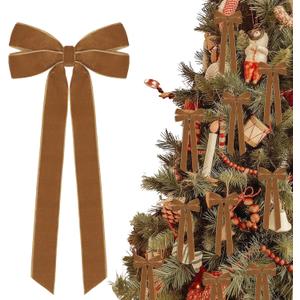 12Pcs Vintage Velvet Ribbon Bows Christmas Tree Decorations,5in x 10in Brown Xmas Ornaments for Tree Home Party Front Door Wreath Holiday Decor