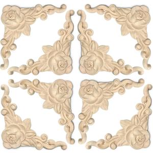 20 Pcs Decorative Wood Flower Carved Appliques Corner Onlay DIY Unpainted Solid Wooden Carved Corner Decal for Furniture Wardrobe Mirror Photo Frame Closet Decoration (3.1inch - Rose)