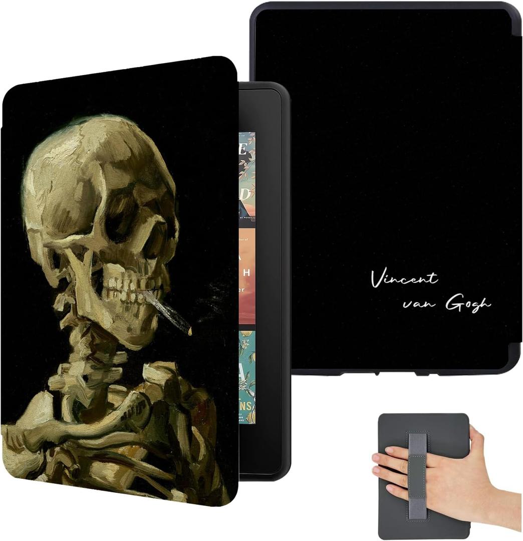 Cover for All New 7 Inch Kindle Paperwhite 12th Gen 2024/ Colorsoft Signature Edition(NOT for 6.8 Inch 2022) - Case with Hand Strap - Leather with Cool Stylish Halloween - Van Gogh Head of a Skull