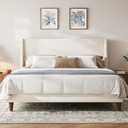Merax Solid Wood King Size Boucle Bed Frame with Wingback Headboard, Modern Upholstered Platform with Walnut Wooden Legs, Strong Wooden Slats, No Box Spring Needed, Ivory, King Size