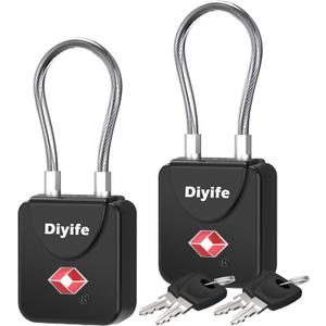 Luggage Locks with Key, [2 Pack] Diyife TSA Approved Luggage Locks, Suitcase Locks, Small TSA Travel Lock with Zinc Alloy Steel Cable Ideal for Backpacks, Bags, Toolbox, Case (Black)