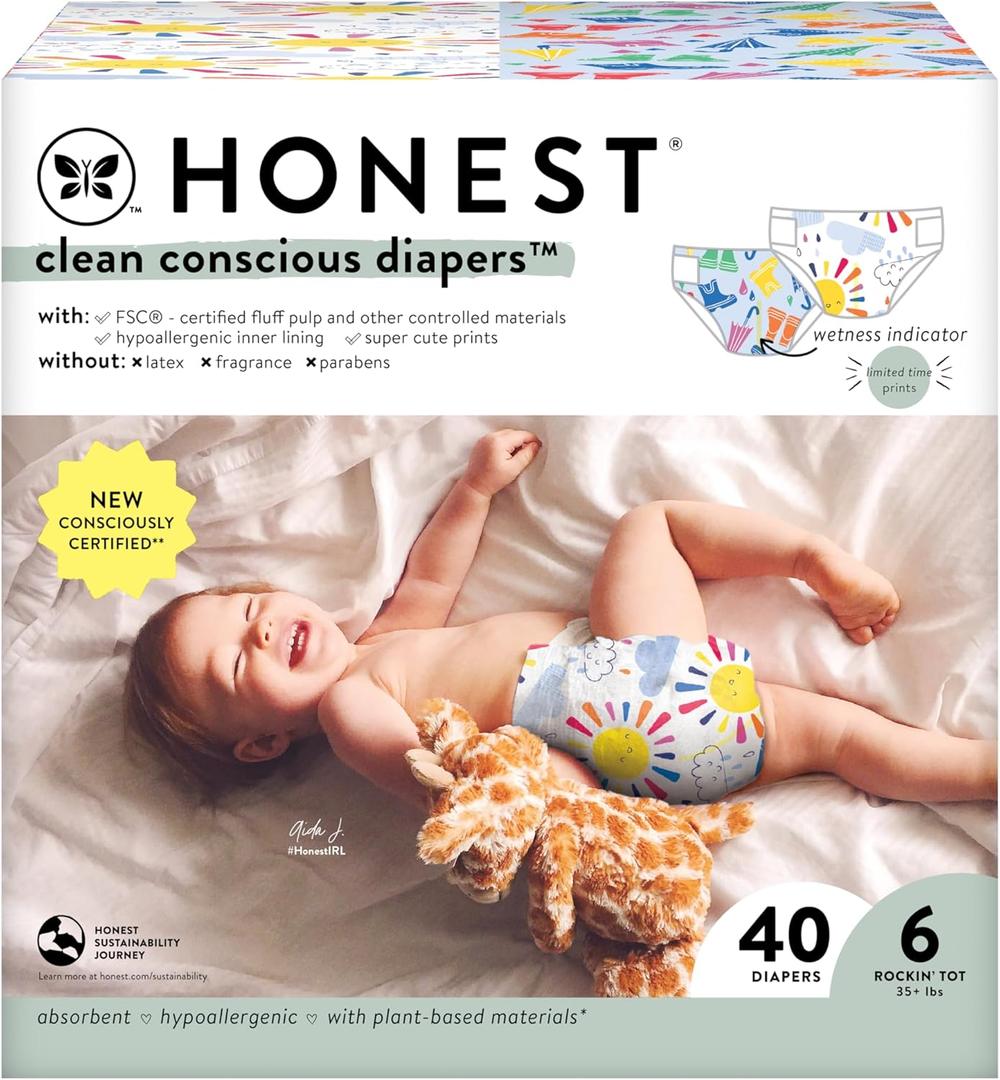 The Honest Company Clean Conscious Diapers | Plant-Based, Sustainable | Limited Edition Prints | Club Box, Size 6 (35+ lbs), 40 Count
