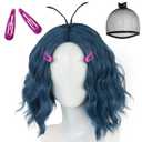 JoneTing Envied Wig+Hair Cap+ 2 Purple Pink Hairpins Short Wavy Deep Blue Green Wigs Dark Bluish Green Wig Envied Cosplay Wigs Blue Cosplay Costume Hair for Halloween Party Costume Outfit