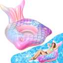 Mermaid Inflatable Pool Float Chair with 2 Cup Holders, Armrests, Pink Swimming Pool Party Lounge Raft Decorations Toys for Kids Adults, Swimming Pool Lounger Pool Floaties for Summer Beach Party