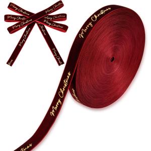 20 Yards Velvet Christmas Ribbon Roll with Gold Foil Merry Christmas Holiday Ribbon for Gift Wrapping, Xmas Tree, Crafts, Party & Home Decorations(Wine Red) (5/8inch)