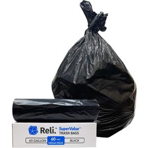 Reli. SuperValue 65 Gallon Trash Bags | 60 Count | Made in USA | Heavy Duty | Black Multi-Use Garbage Bags