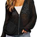 Saodimallsu Womens Crochet Lightweight Cardigans Zip Up Hooded Long Sleeve Knit Sweaters Mesh Beach Swim Cover Up (Black, M)