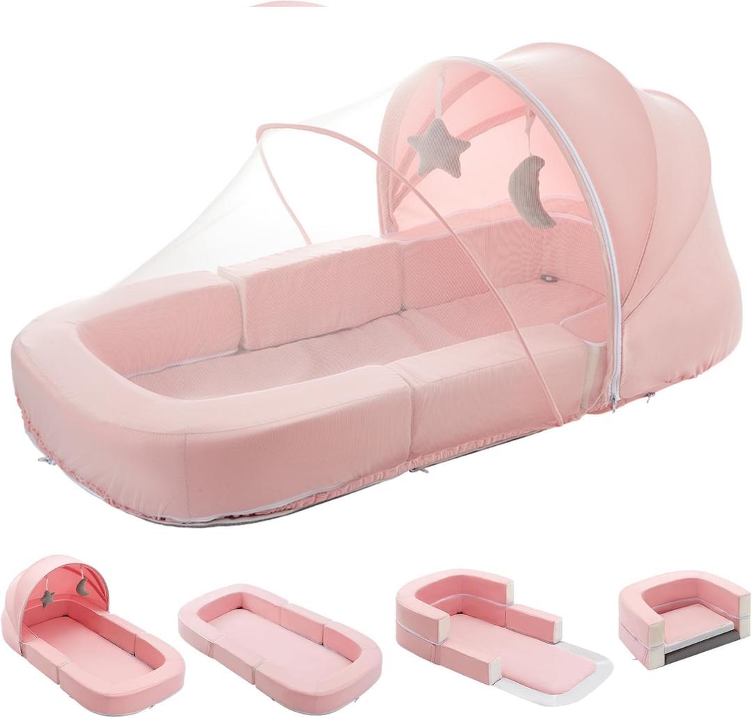 Toddler Baby Travel Bassinet Bed & Chair, Fold Out Sofa Couch Lounger with 2-1 Mosquito & Canopy, Foldable Portable Travel Cot with Foam Raised Safety Bumpers for Infant Toddlers 0-36 Months (Pink)