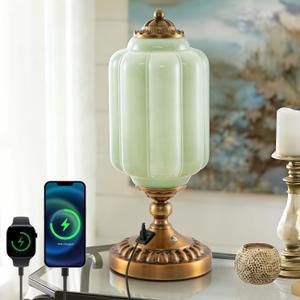 Milk Glass Touch Table Lamp, Green Jadeite Glass Mid Century Modern Vintage Bedside Desk Lamp, 3 - Color & USB C+A Ports, Vintage Table Lamp Perfect for Bedroom & Living Room, E12 LED Bulb Included