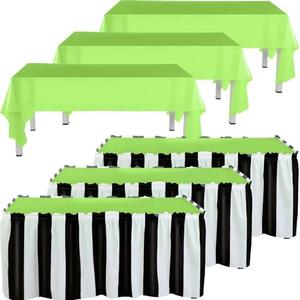 Tegeme 3 Pcs Halloween Sandworm Black and White Party Decoration Includes 2 Green Tablecloths & 1 Black and White Stripe Table Skirts for Halloween Decor Spooky Celebrations Birthdays Holiday Events