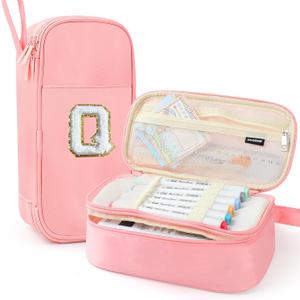 Large Pencil Case,Big Capacity Pencil Pouch,Personalized Initial Pencil Bag with smooth zipper,Multiple Pockets,Cute Aesthetic Stationery Pen Case Bag for Teen Girls College (Pink, Q)