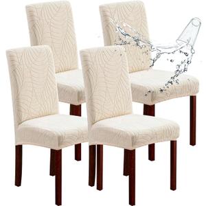 Genina Waterproof Dining Chair Covers Set of 4, Stretch Chair Slipcovers for Dining Room, Removable Washable Parsons Chair Covers Protector for Kitchen (Leaves-Beige, 4 PCS)