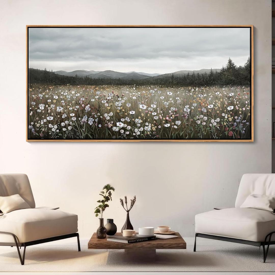 HGUAOA Vintage Landscape Wall Art for Bedroom and Living Room - Large Floral Artworks Farmhouse Wall Decor - Framed Neutral Nature Pictures - Above Bed Wall Decor with Mountain Scenery 2958IN