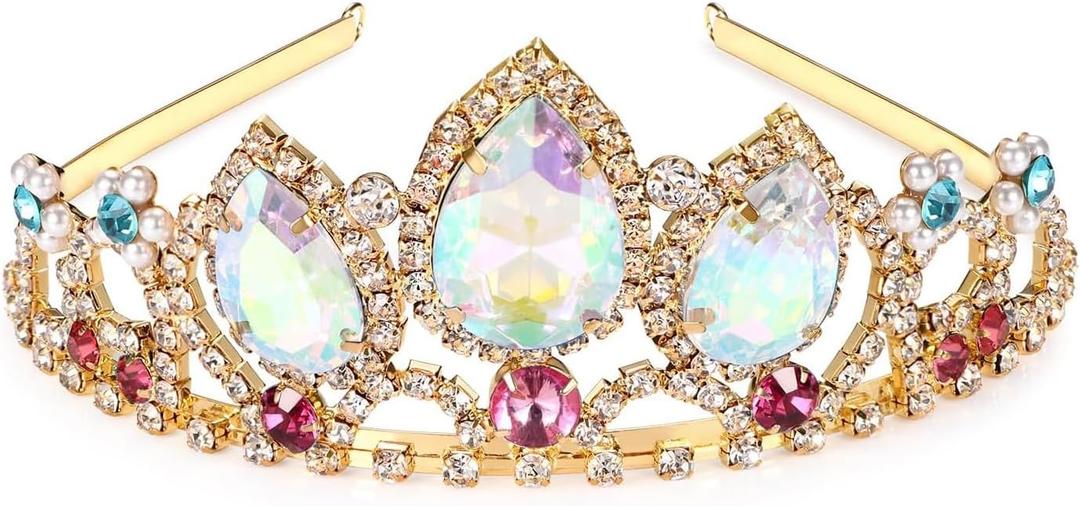 Rapunzel Tiara Princess Crown and Necklace Tangled Inspired Halloween Costume Aurora Borealis Stone Sparkle Gold Crown Sweet Gift for Birthday (Ab)