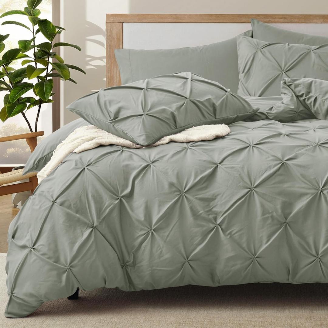 VACVELT 5 Piece Pinch Pleated Duvet Cover King Size Set, Light Gray Pintuck Duvet Cover with Zipper & 8 Ties, Shabby Chic Microfiber + 2 Pillow Shams + 2 Pillowcases, No Comforter