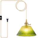 Plug in Pendant Light Vintage, Dimmable Pulley Hanging Lamp with Gradient Green Glass Shade, Brass Hanging Lights with Plug in Cord for Living Room, Compatible with Indoor Plant Grow Light Bulbs